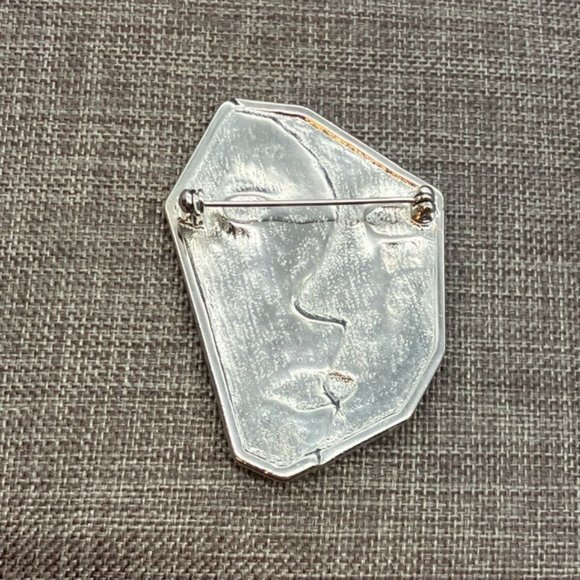 Abstract Face Pin Brooch As Is Silver Shiny Matte Picasso Cubist Profile Cubism - Picture 8 of 9